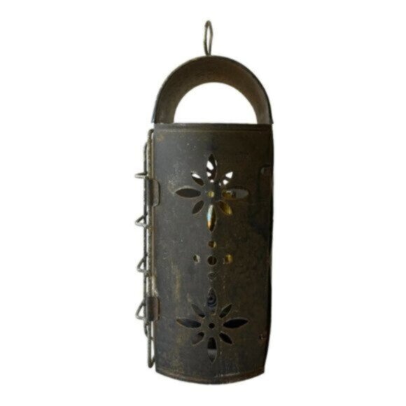 Punched Tin Metal Rustic Lantern with Mini Oil Lamp & Hanger Hinged Door - Picture 4 of 12
